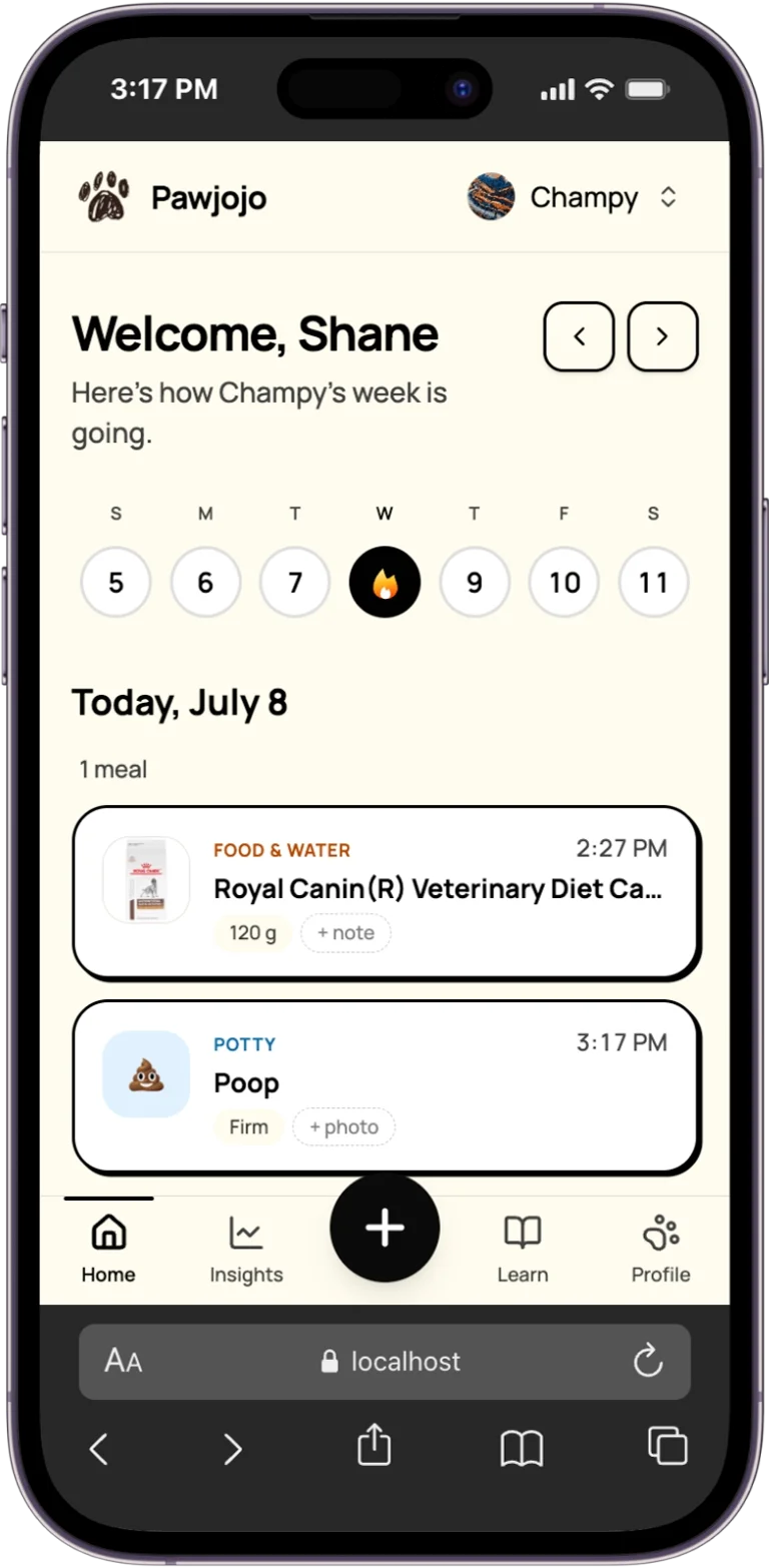 Pawjojo home screen with a week of day rings and a day of meal and potty logs