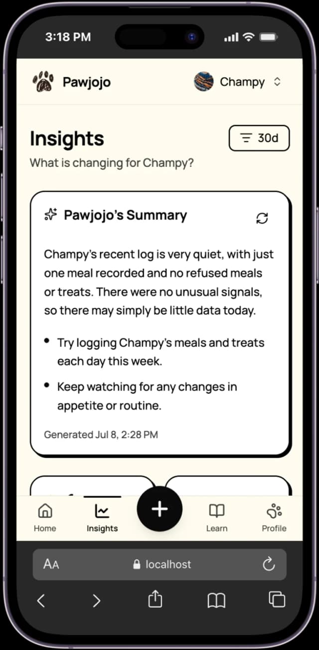 Pawjojo insights screen with an AI summary of recent logs