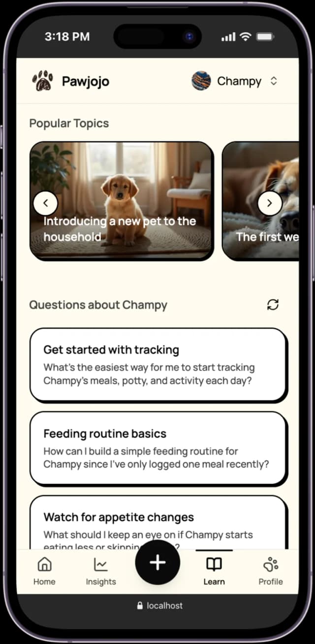 Pawjojo learn screen with popular topics and personalized questions